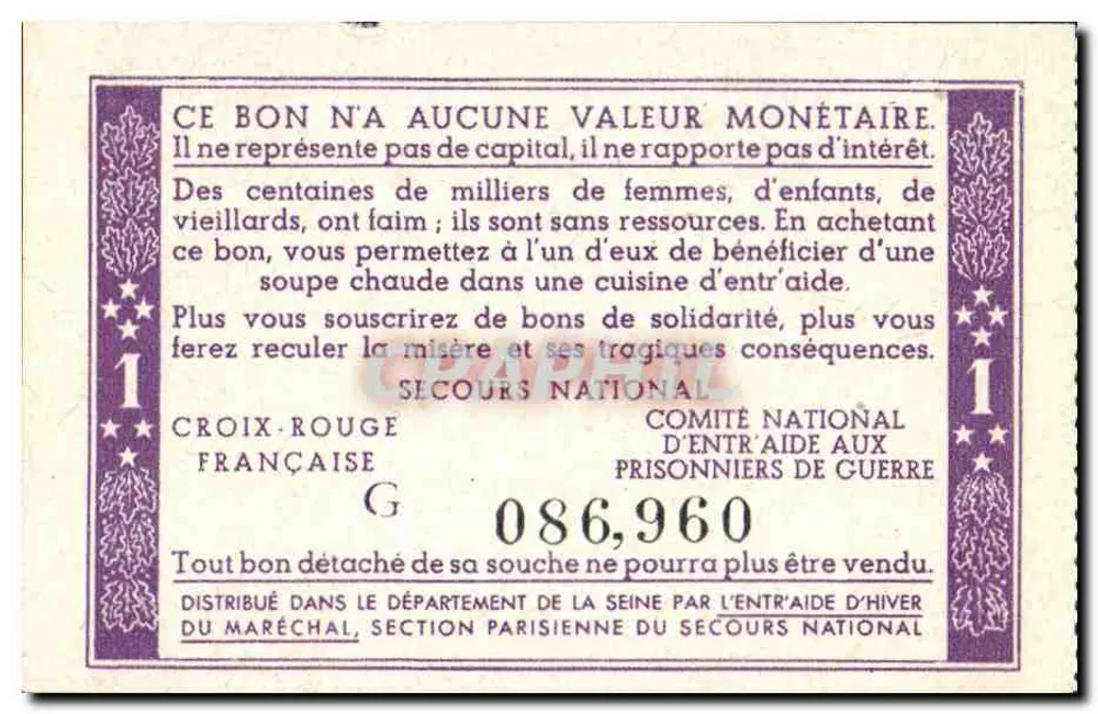 Valete de Solidariedade — 1 franco — Secours National, Cruz Vermelha Francesa - Verso