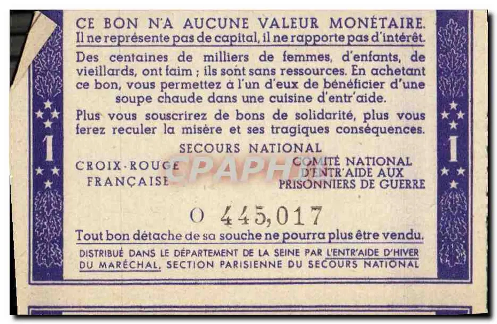 Bilhete de solidaridade — 1 franco — Secours National, Croix-Rouge Française - Verso