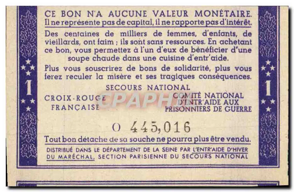 Valete de solidariedade — 1 franco — Cruz Vermelha Francesa, Socorro Nacional - Verso