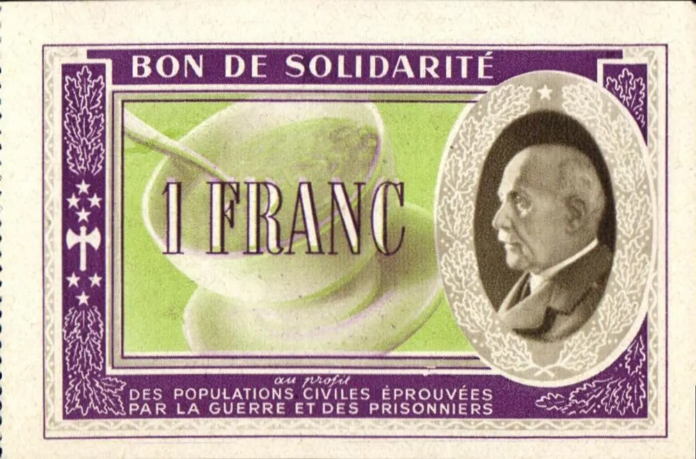 Vale de Solidariedade — 1 franco — Secours National, Comitê Nacional de Assistência aos Prisioneiros de Guerra - Frente