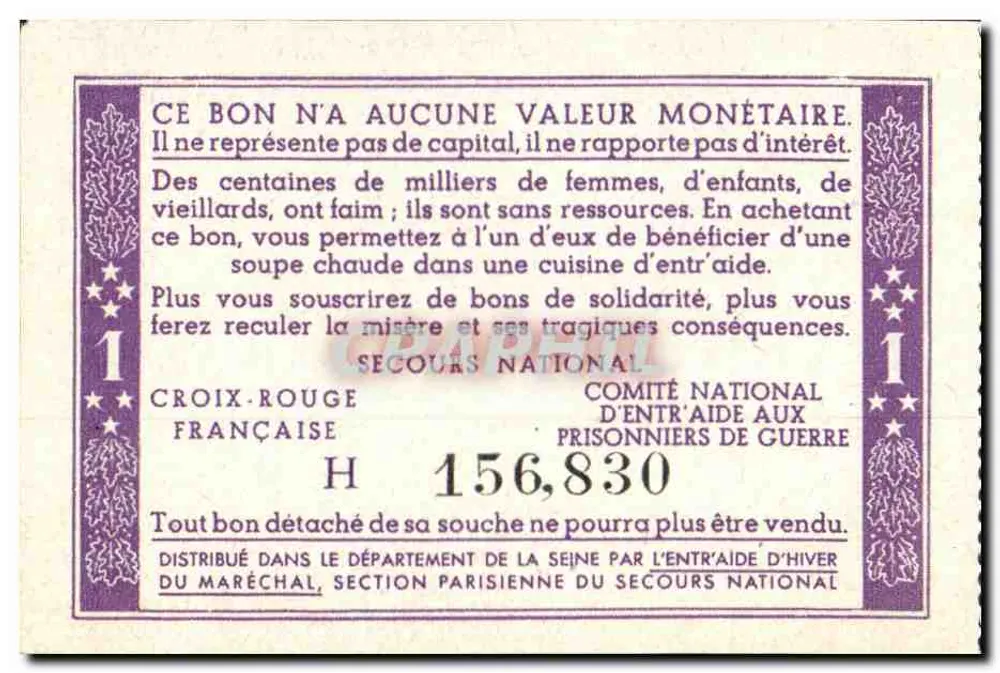 Vale de Solidariedade — 1 franco — Secours National, Comitê Nacional de Assistência aos Prisioneiros de Guerra - Verso