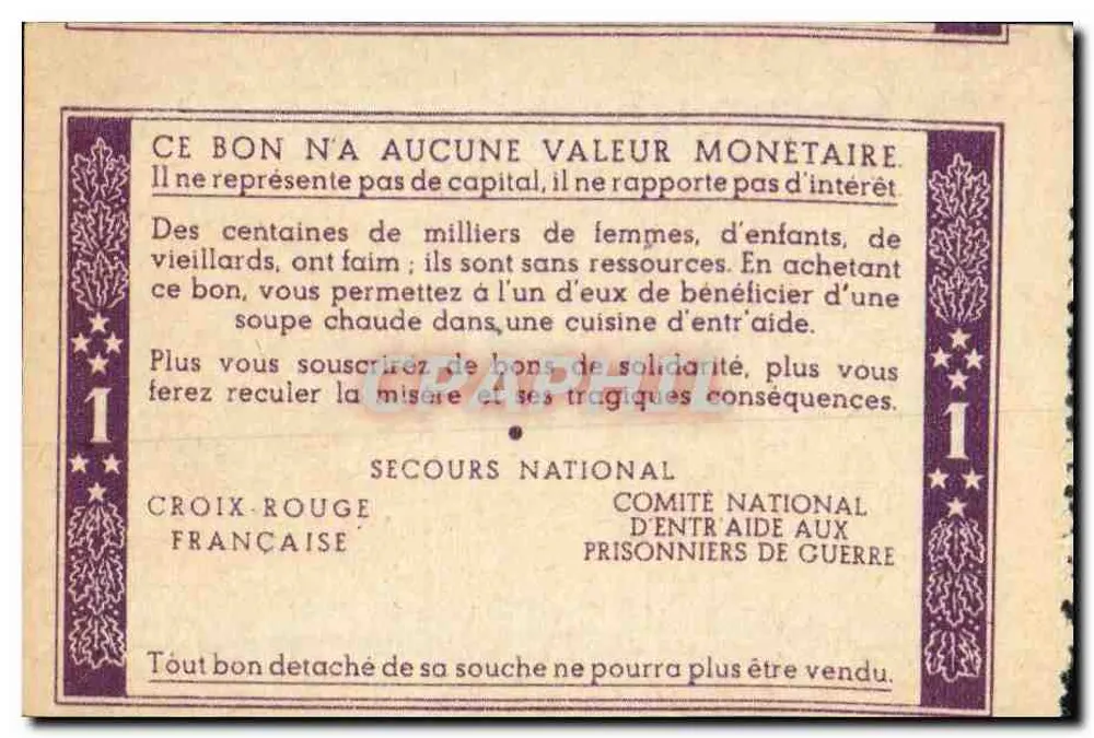 Valete de Solidariedade — 1 franco — Secours National Croix-Rouge Française e Comité Nacional de Assistência aos Prisioneiros - Verso