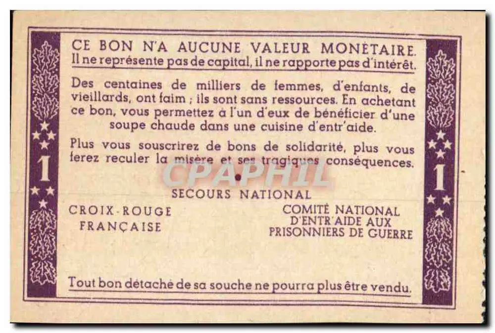 Bilhete de Solidariedade — 1 franco — a favor das populações civis afetadas pela guerra e dos prisioneiros — Cruz Vermelha Francesa / Comitê Nacional de Auxílio aos Prisioneiros de Guerra - Verso