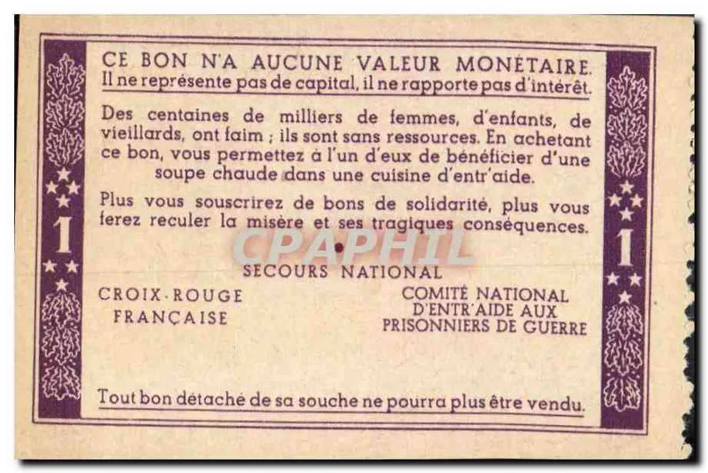 Bilhete de Solidariedade — 1 franco — Cruz Vermelha Francesa e Comitê Nacional de Ajuda aos Prisioneiros de Guerra - Verso
