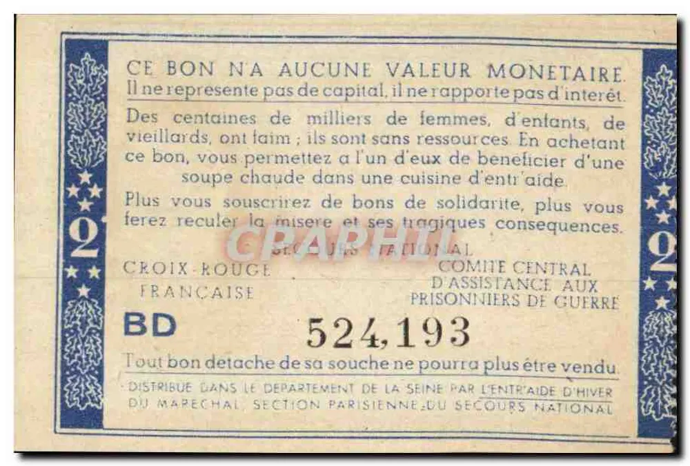 Bilhete de Solidariedade — 2 francos — Secours National - Verso