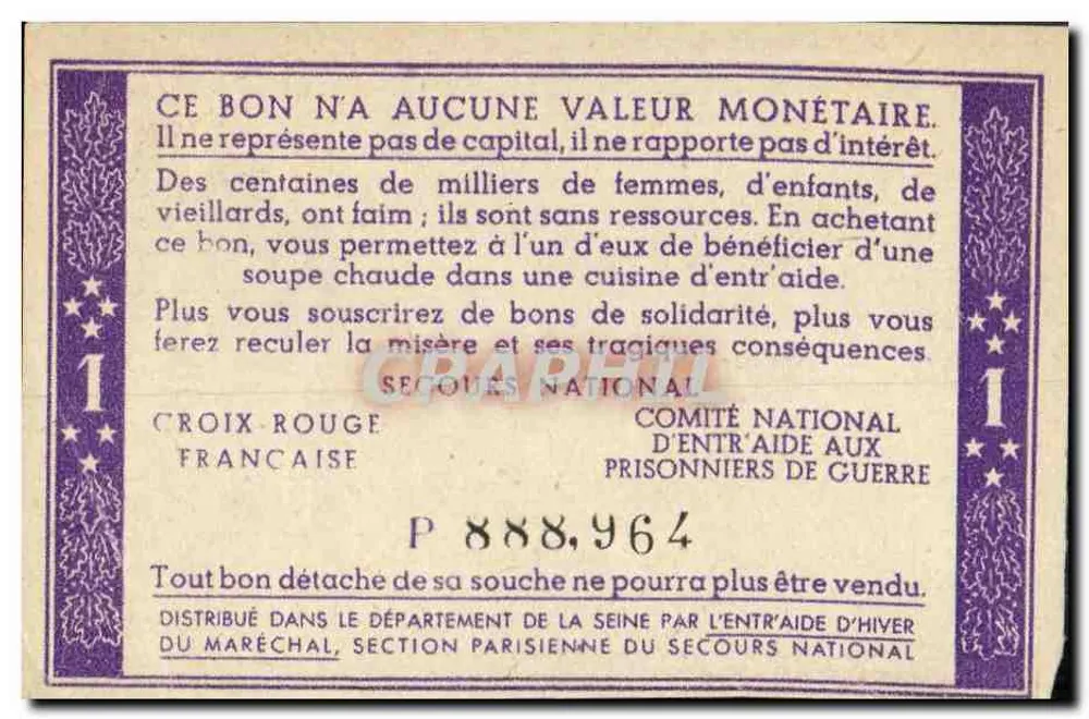 Cupom de Solidariedade — 1 franco — Cruz Vermelha Francesa e Comitê Nacional de Assistência aos Prisioneiros de Guerra - Verso