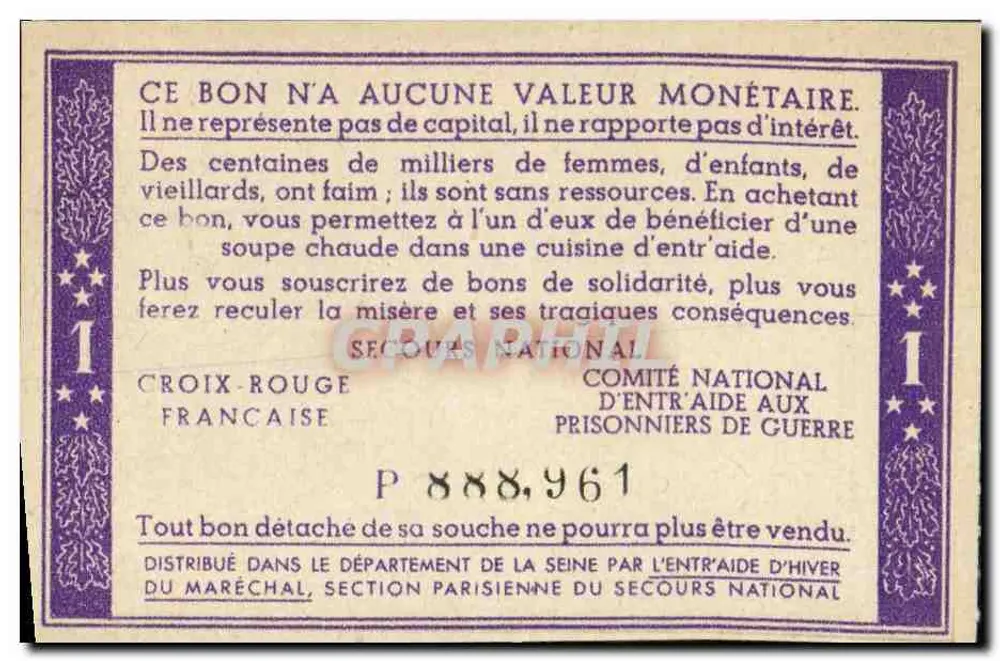 Bilhete de Solidariedade — 1 franco — Cruz Vermelha Francesa e Comitê Nacional de Auxílio aos Presos - Verso