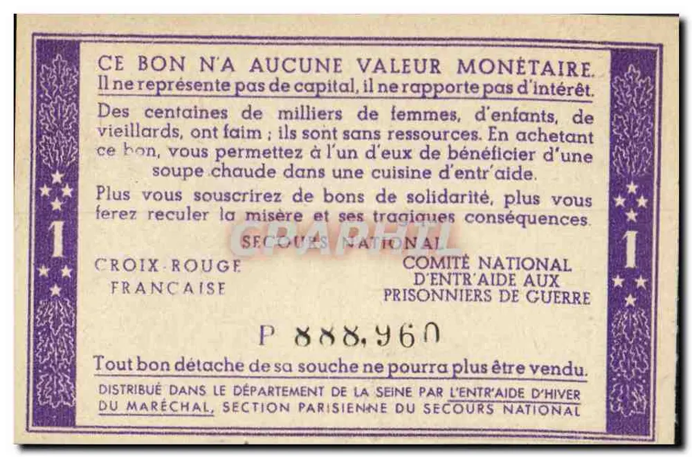 Carte de solidariedade — 1 franco — Cruz Vermelha Francesa e Comitê Nacional de Auxílio aos Presos - Verso