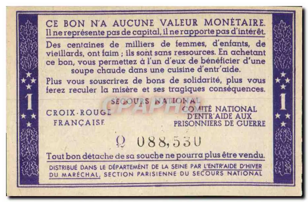 Bilhete de Solidariedade — 1 franco — Cruz Vermelha Francesa e Comitê Nacional de Auxílio aos Prisioneiros de Guerra - Verso