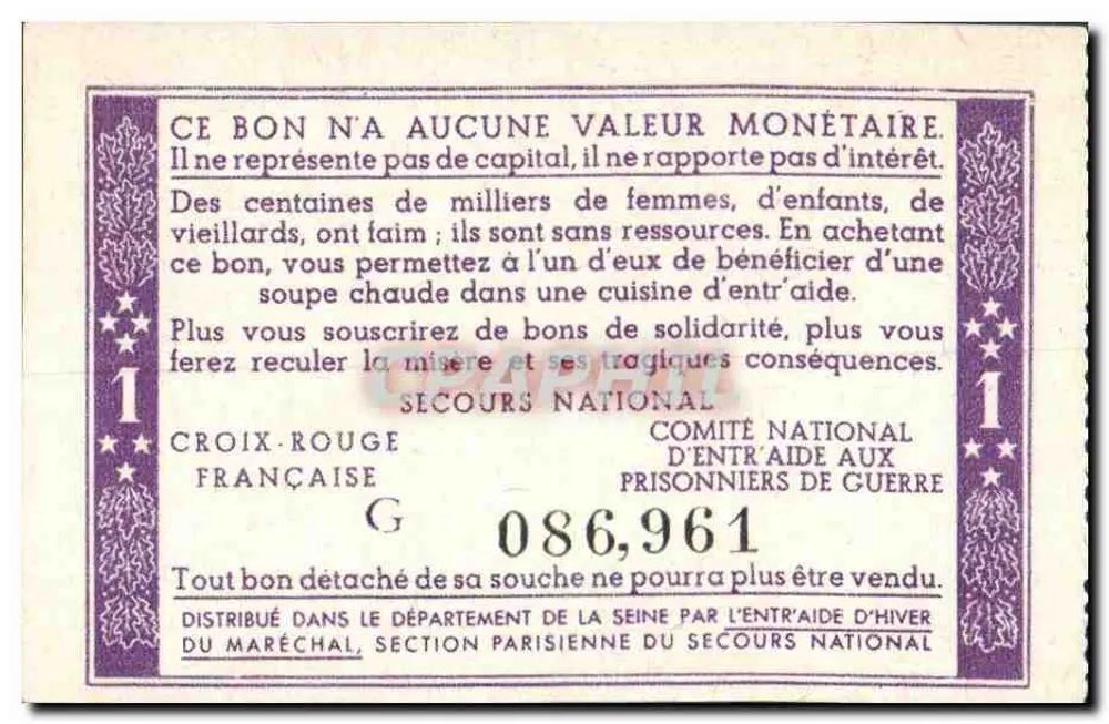 Vale de Solidariedade — 1 franco — Secours National - Verso