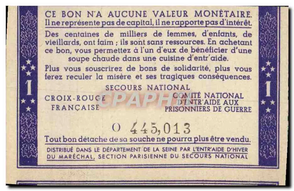 Vale de 1 franco — ao benefício das populações civis afetadas pela guerra e dos prisioneiros — Secours National, Cruz Vermelha Francesa - Verso