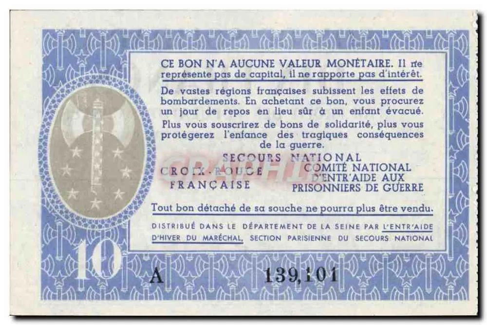 Bilhete de Solidariedade Dez Francos — Em prol das populações civis afetadas pela guerra e dos prisioneiros — Secours National Croix-Rouge Française - Verso