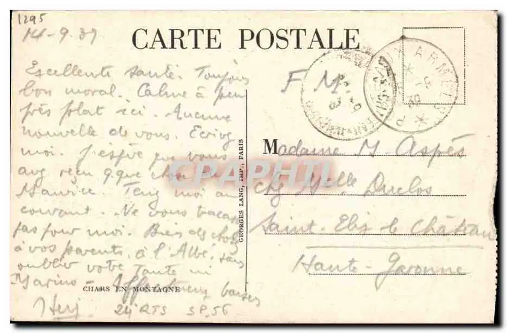 Kutschen in den Bergen — Kolonne von Kutschen und Motorradfahrern — Georges Lang, Verlag Paris, Nr. 1295 - Rückseite