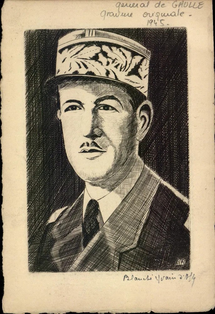 General de Gaulle — originale Gravur 1945 — Planchi Yvarin D'Hy - Vorderseite
