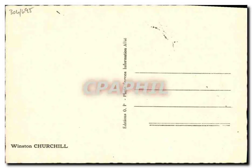 Winston Churchill — retrato em preto e branco — Editions O.P. - Photo-Service Information Allié - Verso