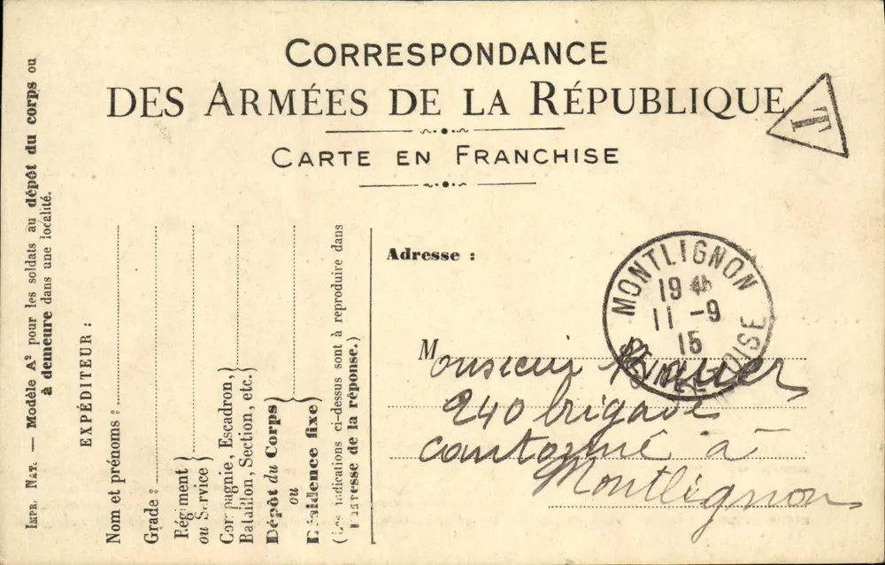 Correspondência das Forças da República — Carta em franquia — Montlignon (Seine-et-Oise) — 11-9-1945 - Frente