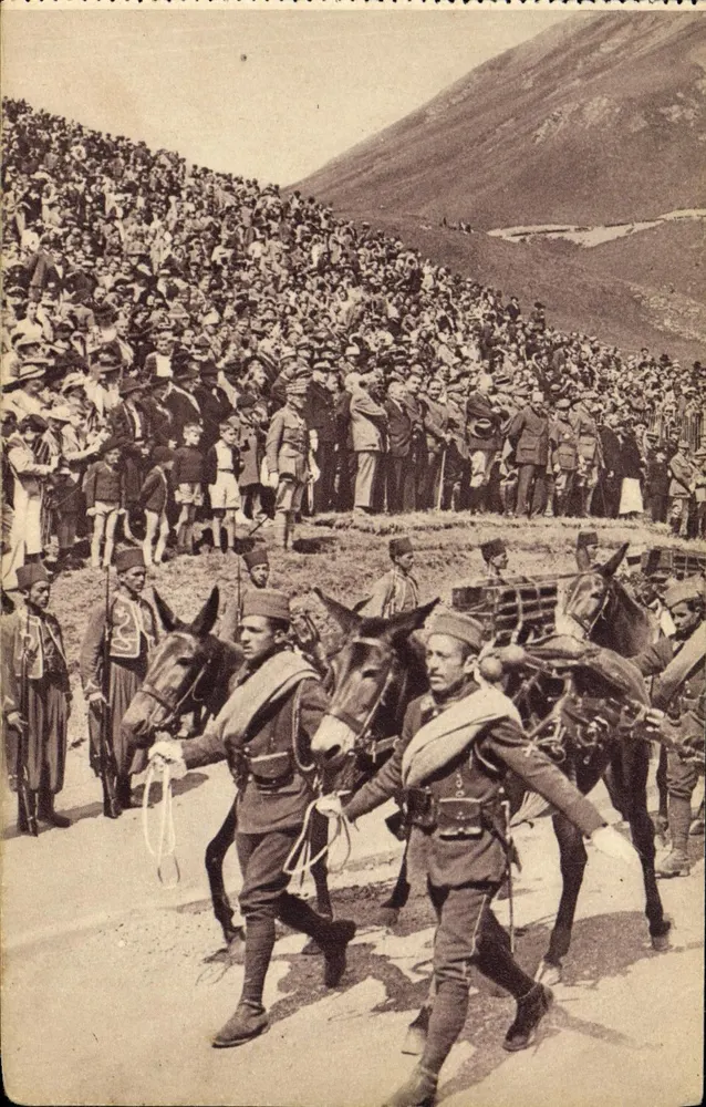 Soldats et mulets — procession au Col du Lautaret — Georges Lang, Imp. Paris - Voorkant
