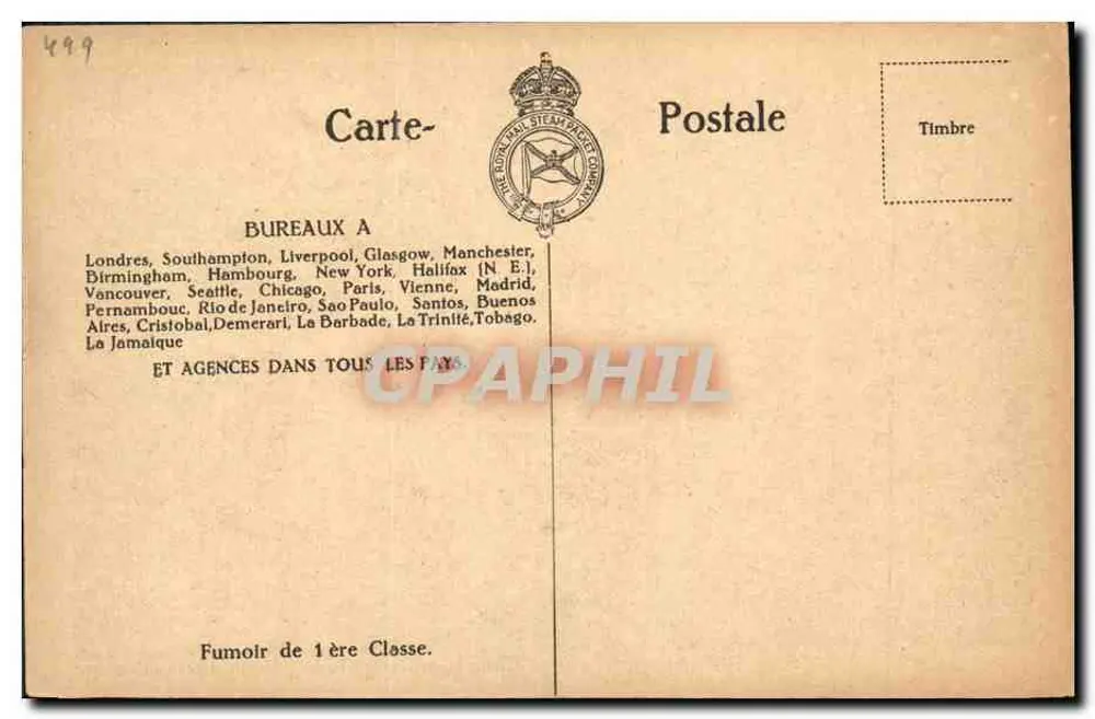 R.M.S.P. "Almanzora" — Primeira Classe — Sala de Fumantes — Serviço da América do Sul - Verso