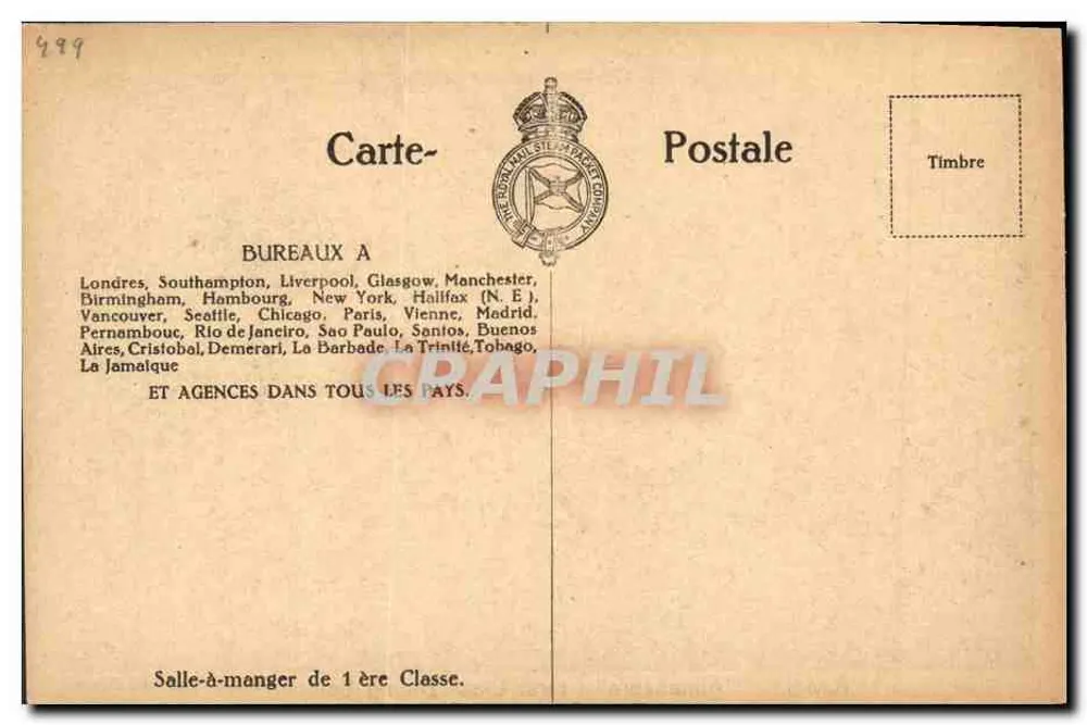 R.M.S.P. "Almanzora" — Speisesaal der 1. Klasse — South American Service - Rückseite