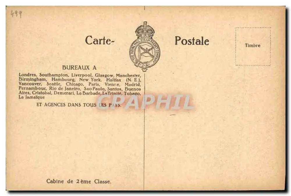 R.M.S.P. "Arlanza" — Kabine der zweiten Klasse — Royal Mail Steam Packet Company - Rückseite