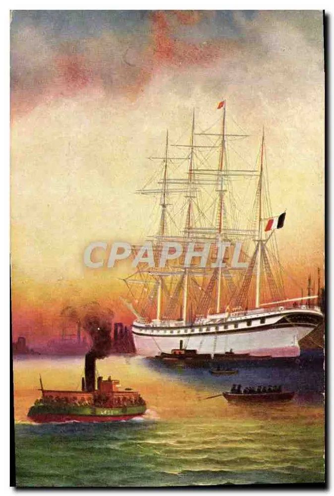 Porto marítimo — navio a vapor e navio a vela — editor não visível - Frente