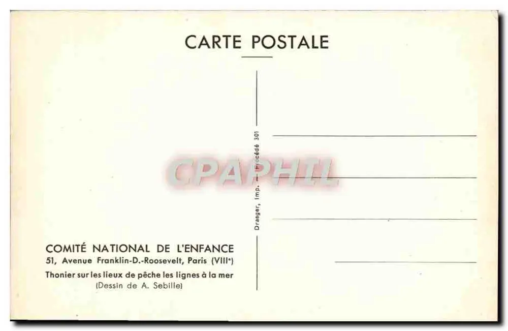 Thunfischboots auf Fischereigründen am Meer — Zeichnung von A. Sebille — Comité National de l'Enfance - Rückseite