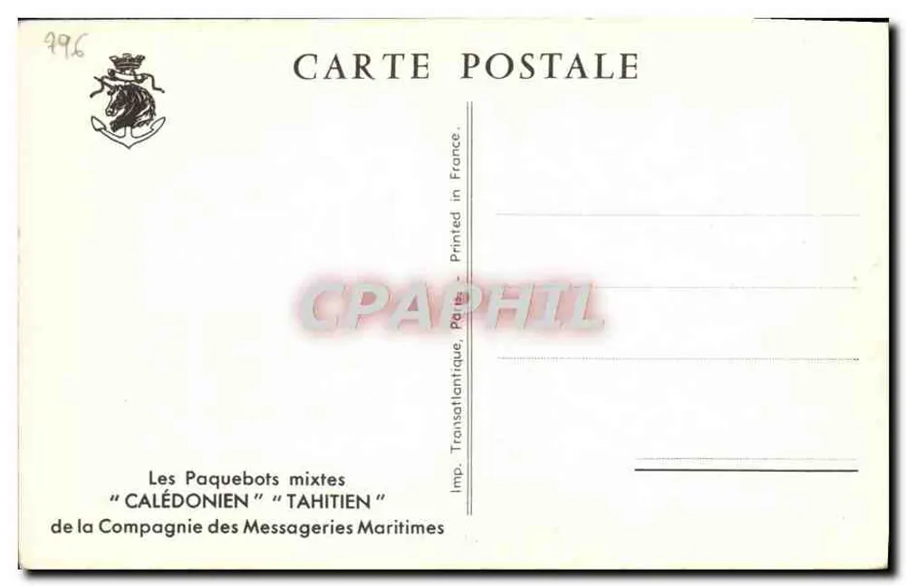 O navio misto "Calédonien" — Companhia das Messagerias Marítimas — editor Transoatlantique, n° 496 - Verso