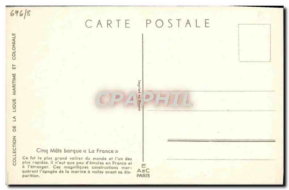 Embarcação de cinco mastros « La France » — Coleção da Liga Marítima e Colonial — Impressa na França - Verso