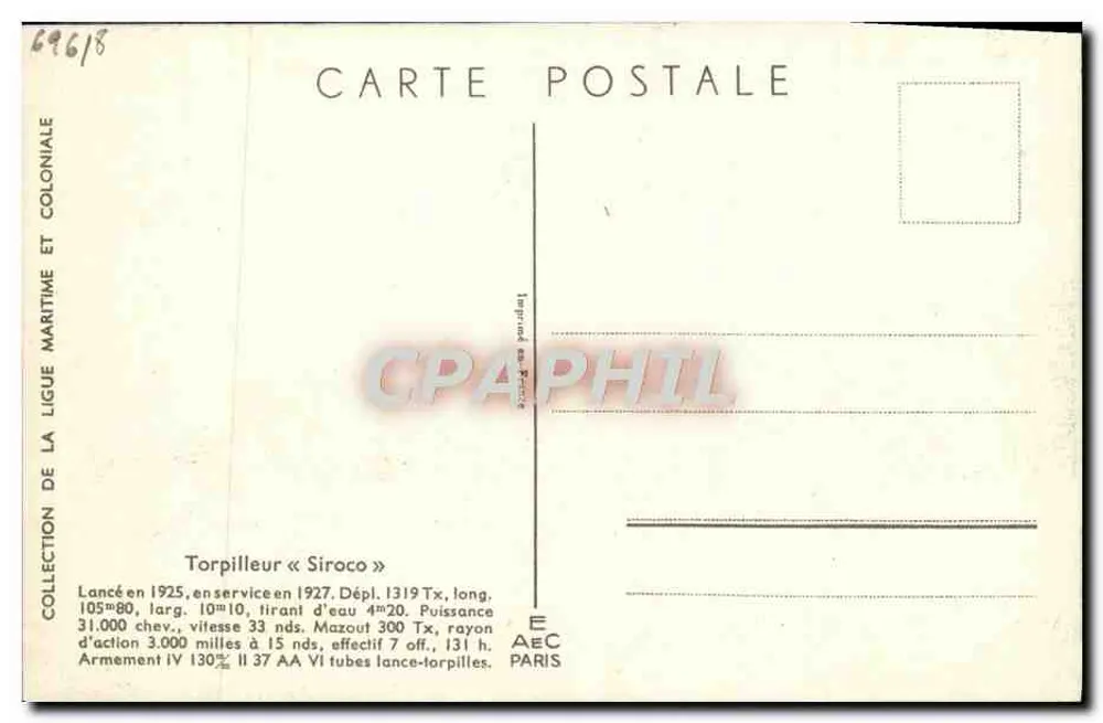 Torpilleiro « Siroco » — Coleção da Liga Marítima e Colonial — I. Hauffner - Verso