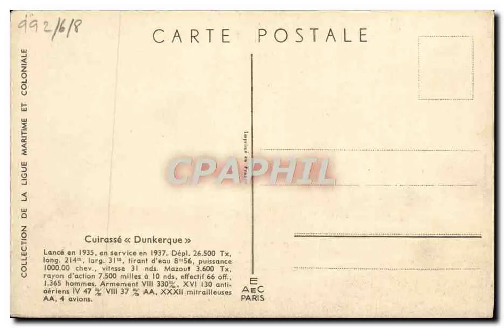 Cruiser « Dunkerque » — Coleção da Liga Marítima e Colonial — Editor Paris - Verso