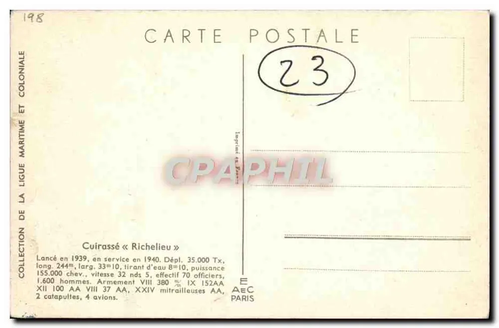 Cruzador «Richelieu» — Coleção da Liga Marítima e Colonial — n°23 - Verso