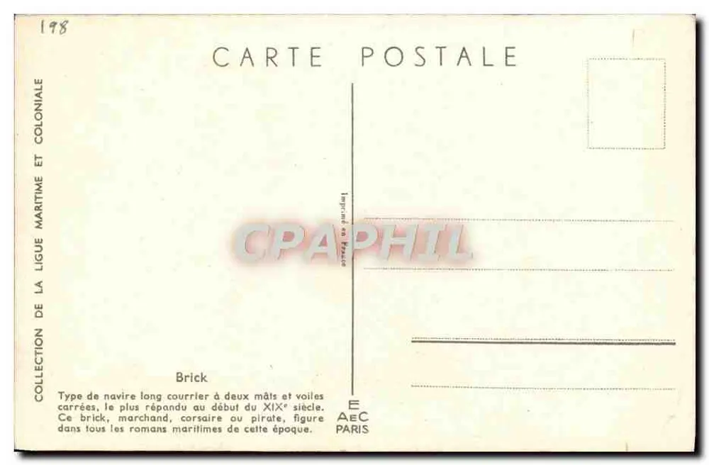 Brick — tipo de navio com dois mastros — Coleção da Liga Marítima e Colonial - Verso