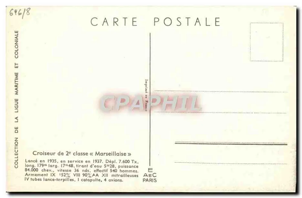 Croiseur de 2e classe « Marseillaise » — Collection de la Ligue Maritime et Coloniale — Éditeur AEC Paris, n° 666/18 - Verso