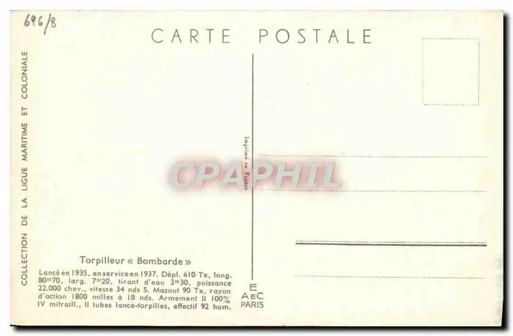 Torpilleiro « Bombarde » — Coleção da Liga Marítima e Colonial — Editor AEC Paris, n° 696/8 - Verso