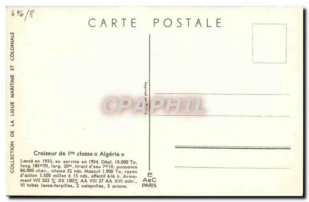 Croiseur de 1ère classe « Algérie » — Collection de la Ligue Maritime et Coloniale — Éditeur AeC Paris, n° 616/8 - Verso