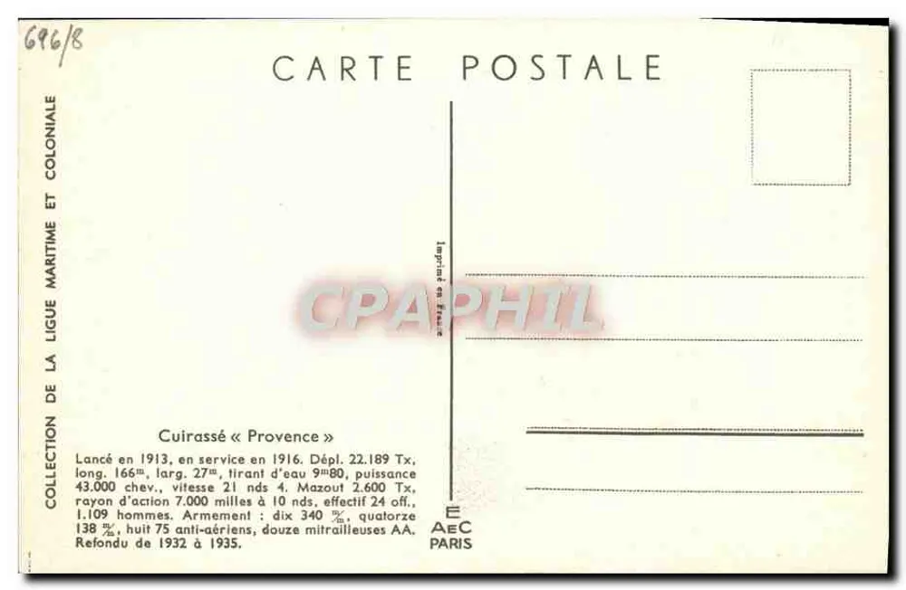 Cruzador « Provence » — Coleção da Liga Marítima e Colonial — Editor AEC Paris, n° 696/8 - Verso