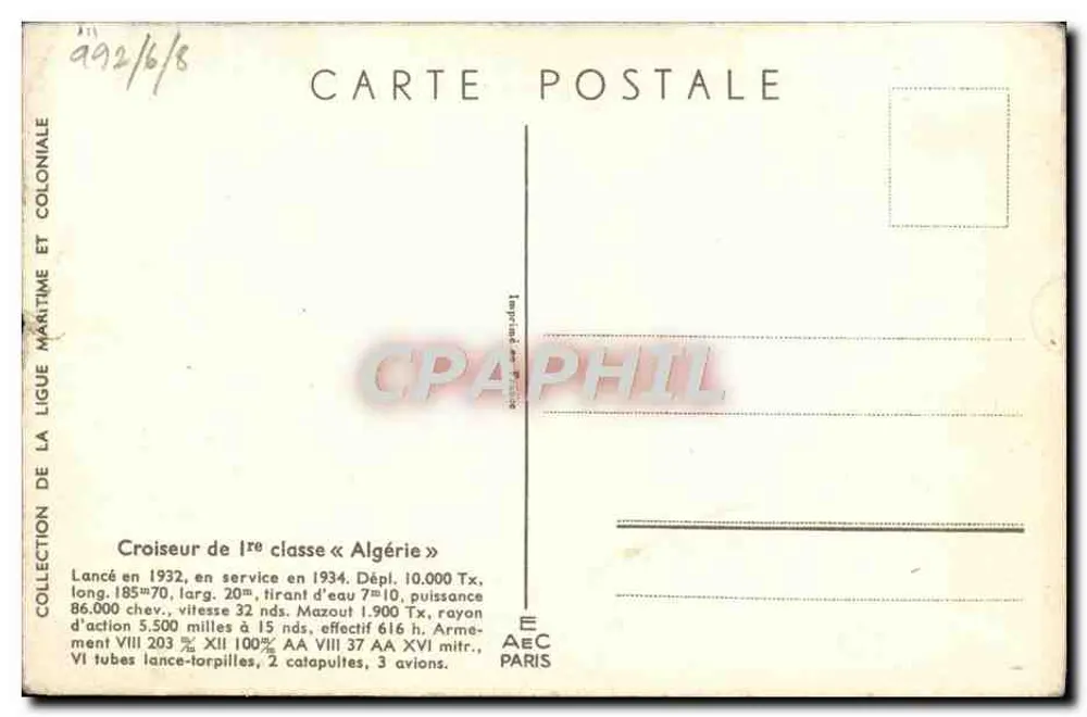 Kreuzer der 1. Klasse « Algérie » — Sammlung der Seefahrt- und Kolonialvereinigung — Verlag AEC Paris - Rückseite