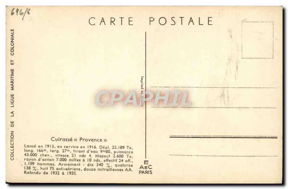 Cruzador « Provence » — Coleção da Liga Marítima e Colonial — Editor E.A.E.C. Paris, n° 696/8 - Verso