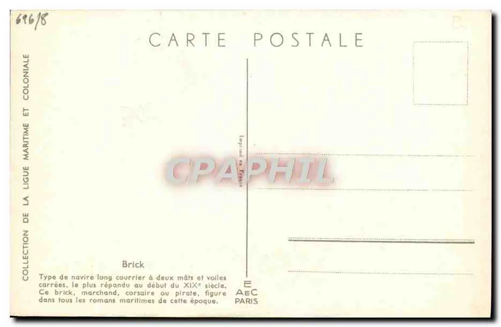 Brick — tipo de navio com dois mastros e velas quadradas — Coleção da Liga Marítima e Colonial, Paris - Verso
