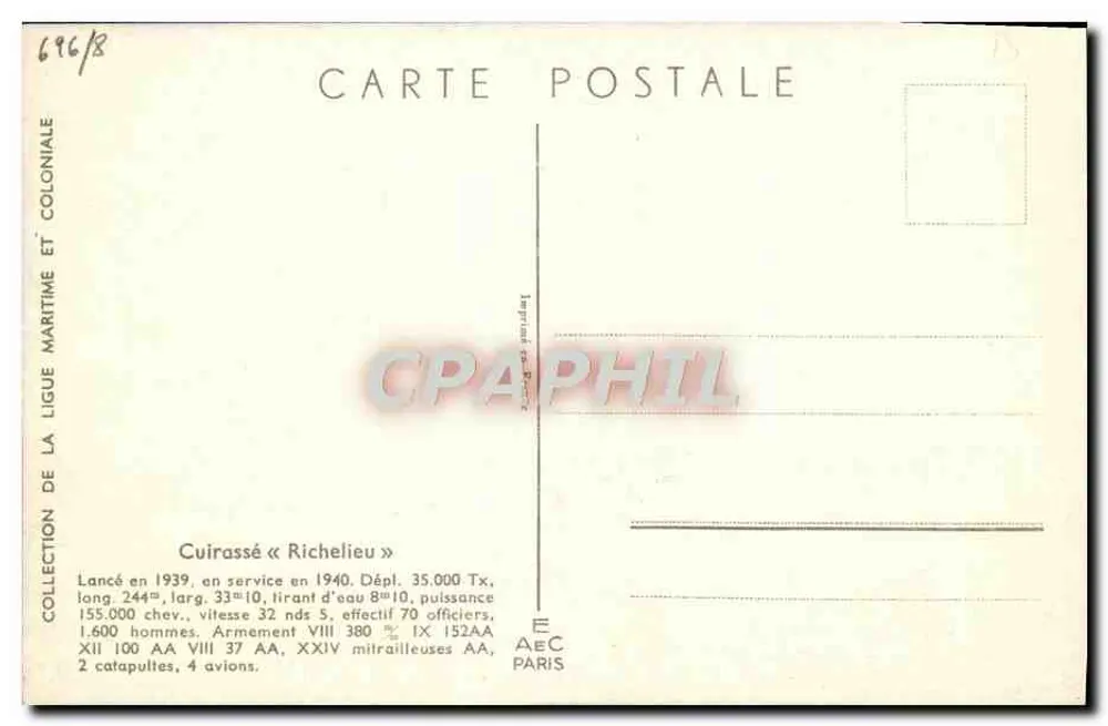 Cruzador « Richelieu » — Coleção da Liga Marítima e Colonial — editor Paris - Verso