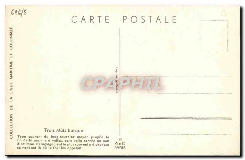 Embarcação de três mastros — Tipo comum do longo-courrier médio — Ligue Maritime et Coloniale, Imprimerie de France - Verso