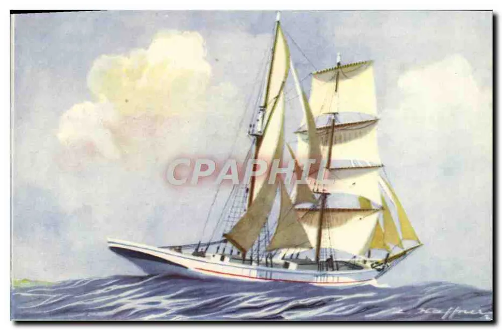 Brick goélette — Modificação no rigging do brick. O brick goélette não tem mais velas quadradas, exceto no mastro de proa. Navios de pequeno porte, os últimos ainda navegam no Mediterrâneo, no cabotagem internacional. — Edição AEC Paris - Frente
