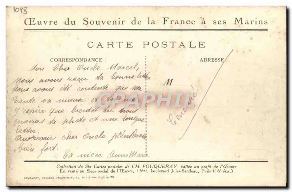 Para nossos marinheiros — Canhoneiros do Yser, do Aisne e da Meuse — CH. Fouqueray, n° 1098 - Verso