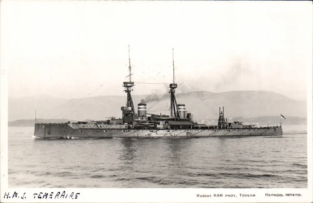 H.M.S. TEMERAIRE — Brytyjski statek wojenny — Marius BAR Fot. Toulon, Reprod. Interd. - Awers