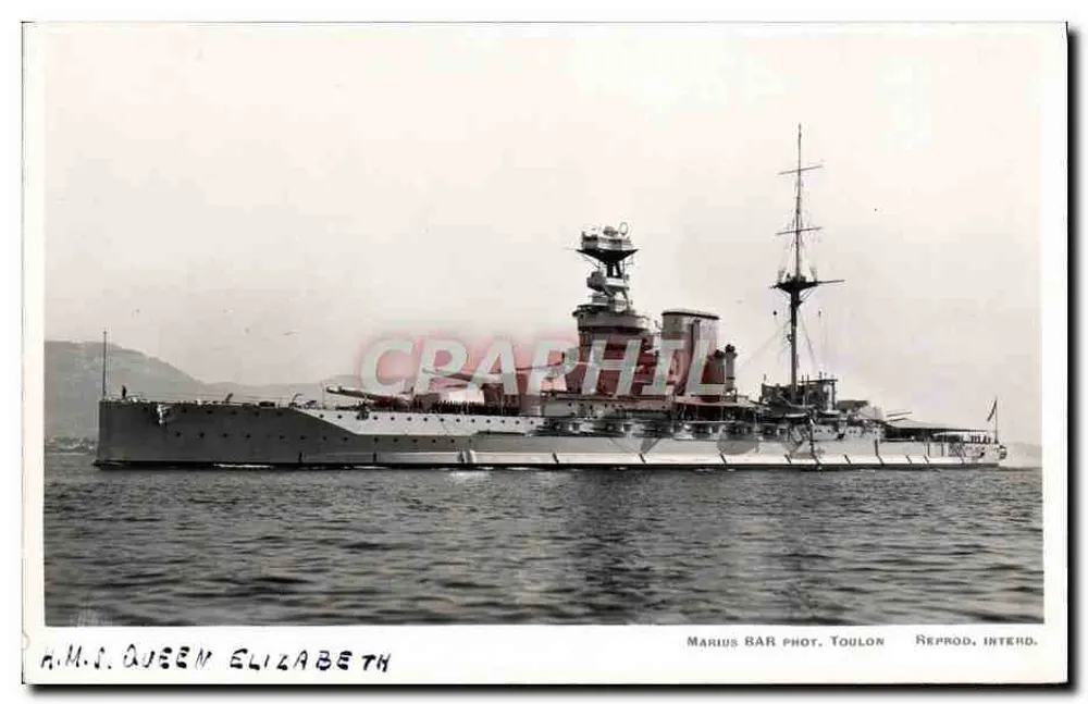 H.M.S. Queen Elizabeth — encouraçado britânico — Marius BAR fot. Toulon, Reprod. Interd. - Frente