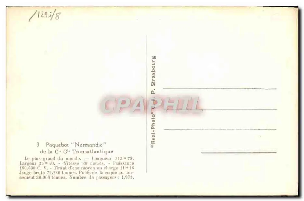 Navio de passageiros "Normandie" — o maior do mundo — editor P. Strasbourg - Verso
