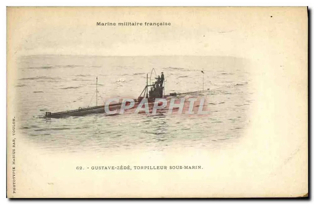 Gustave-Zédé, submarino torpedeiro — Marinha Militar Francesa — Fototipo Marius Bar, Toulon, n°62 - Frente