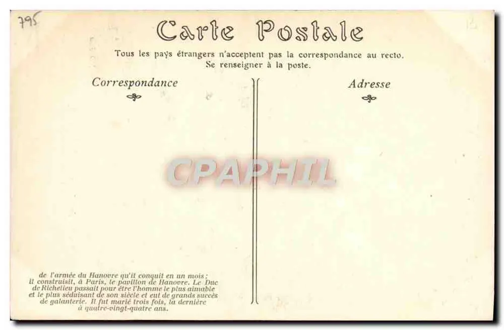 Marschall von Frankreich L.-Fr.-Armand du Plessis, Herzog von Richelieu — gravuriertes Porträt — Nr. 522 - Rückseite