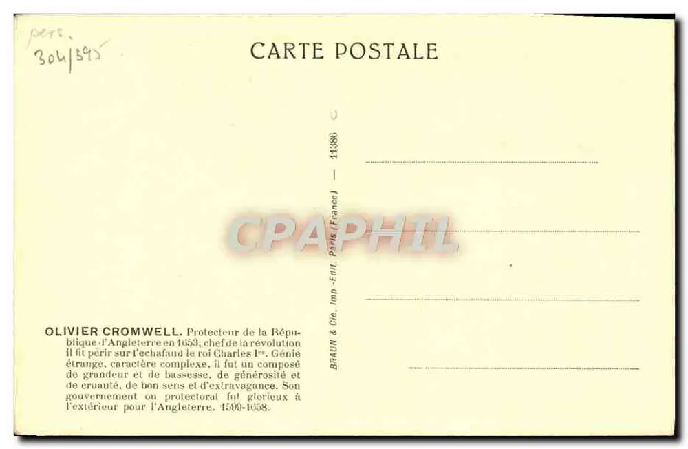 Olivier Cromwell — Retrato — Braun & Cie, Imp. Edil. Paris (França) - Verso
