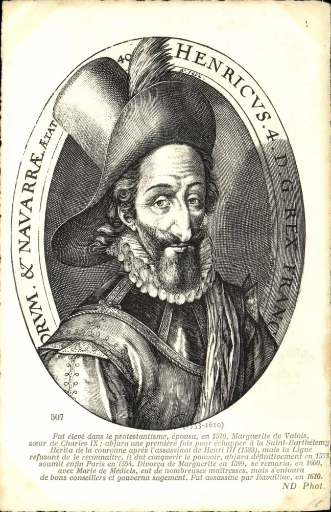 Henri IV, rei da França — retrato gravado com legenda biográfica — ND Phot. - Frente